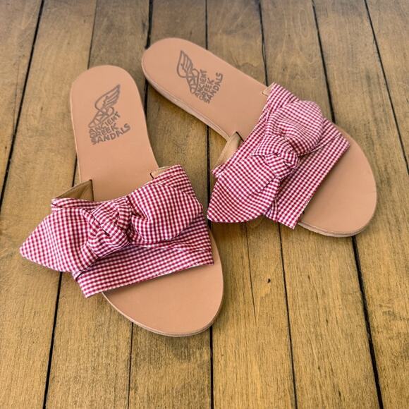 Ancient Greek Sandals Shoes - Ancient Greek Sandals Taygete Bow Slides Red Gingham 39 / 8 - 8.5
